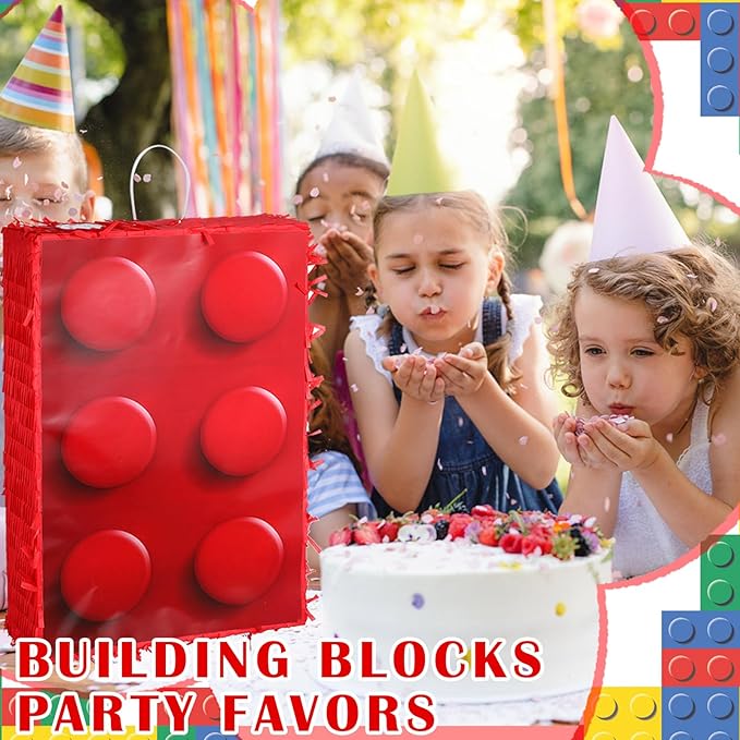 25 Pcs Building Blocks Party Supplies Fiesta Piñata Bundle with Blindfold Bat Stick and Confetti 12 Slap Bracelets 6 Keychain 6 Straws Building Block Theme Birthday Carnival Party Decoration