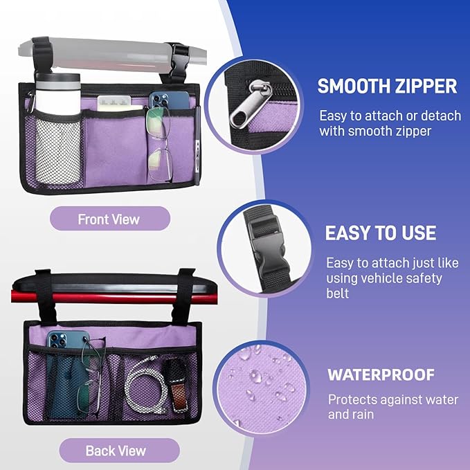 WEEOATAR Wheelchair Side Bags Storage Pouch with Cup Holder, Water-Resistant, Easy to Use with Release Buckle, Side Pocket with Reflective Stripe for Wheelchairs, Walkers or Rollator (Purple)