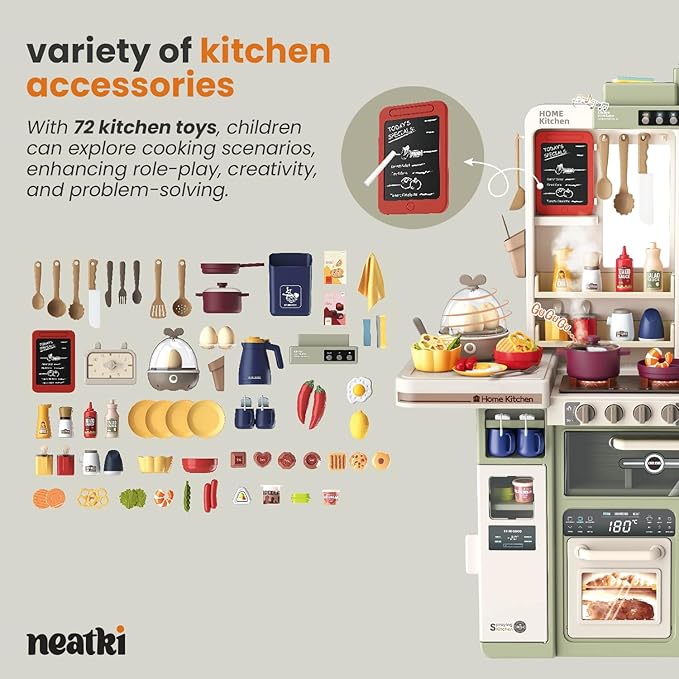 72-Piece Kids' Kitchen Playset, 27.16 x 10.62 x 36.61 inches, Interactive Toy for Toddlers, Realistic Design & Educational Fun for Ages 3 and Up (Avocado Ash 72)