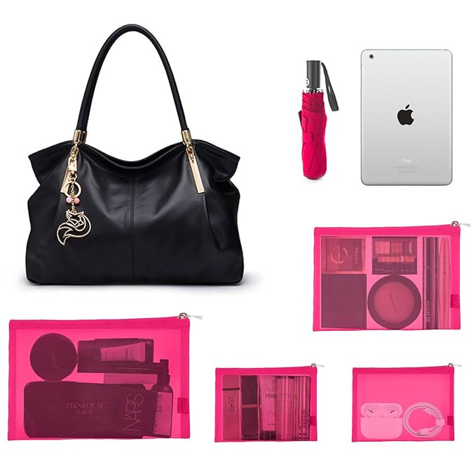 EASYFUN Mesh Pouch, Make up Bag with Zipper Cosmetic Organizer Pouch for Daily or Travel to Keep Small Items, 4 PCS Rose red