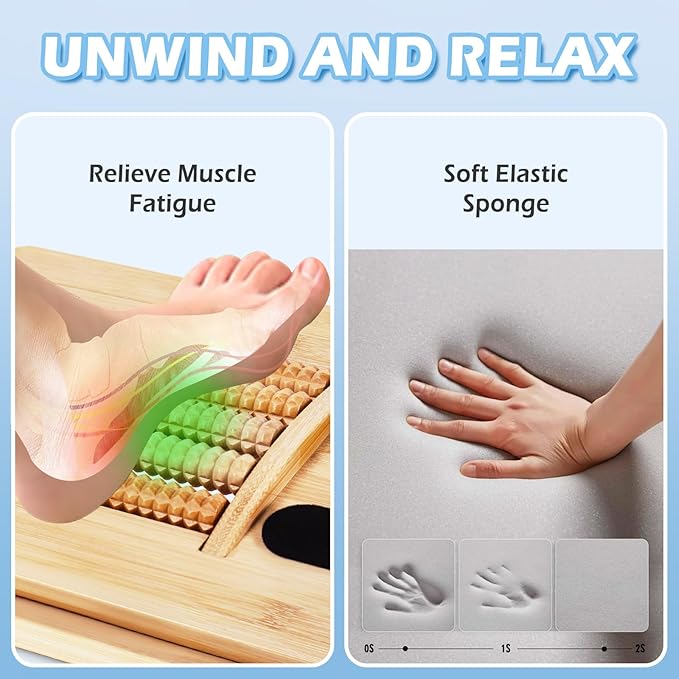 Ergonomic Bamboo Foot Rest for Under Desk, Dual Side Footrest with Reflexology Massager Roller, 5 Heights Adjustable Foot Stool, Ergonomic Leg Support to Relieve Lumbar, Back, and Knee Pain