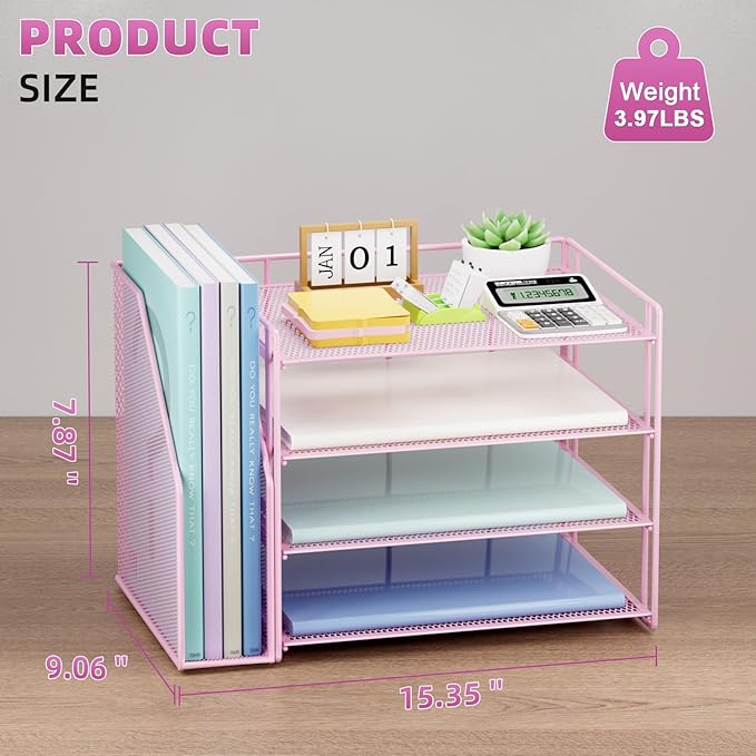 Marbrasse Desk Organizer and Accessories，4-Tier Paper Letter Tray Organizer with File Holder，Desk Accessories & Workspace Desktop Organizers for School Home Office Supplies (Pink)