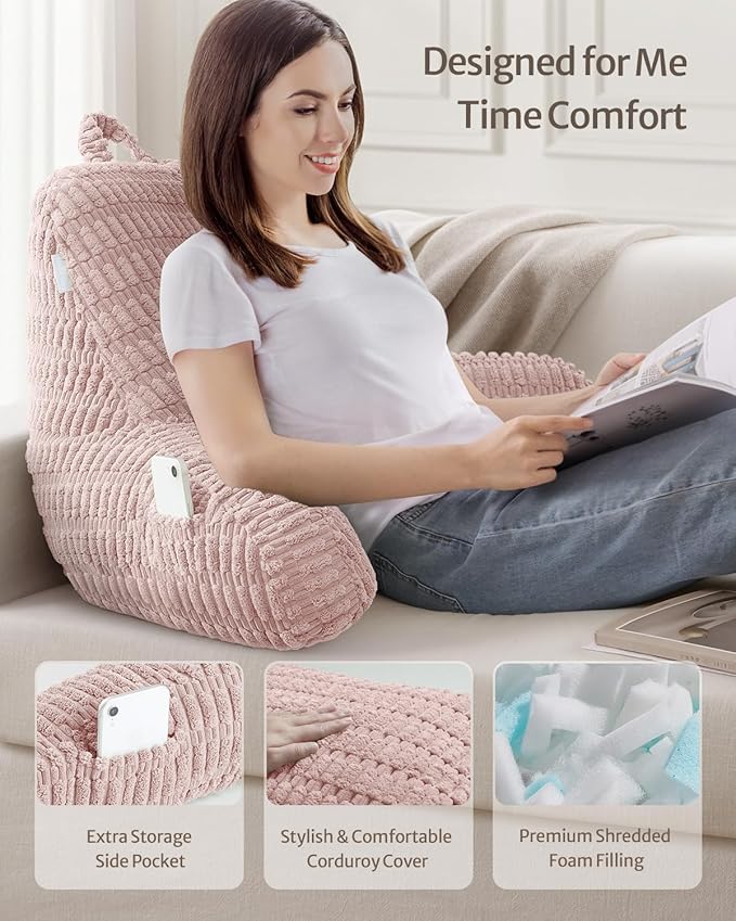 Blissful Diary Reading Pillow, Large Backrest Pillow with Shredded Memory Foam for Adult & Children, Designed for Bed and Couch Sitting Up, Includes Arms, Pockets and Washable Cover, Pale Pink