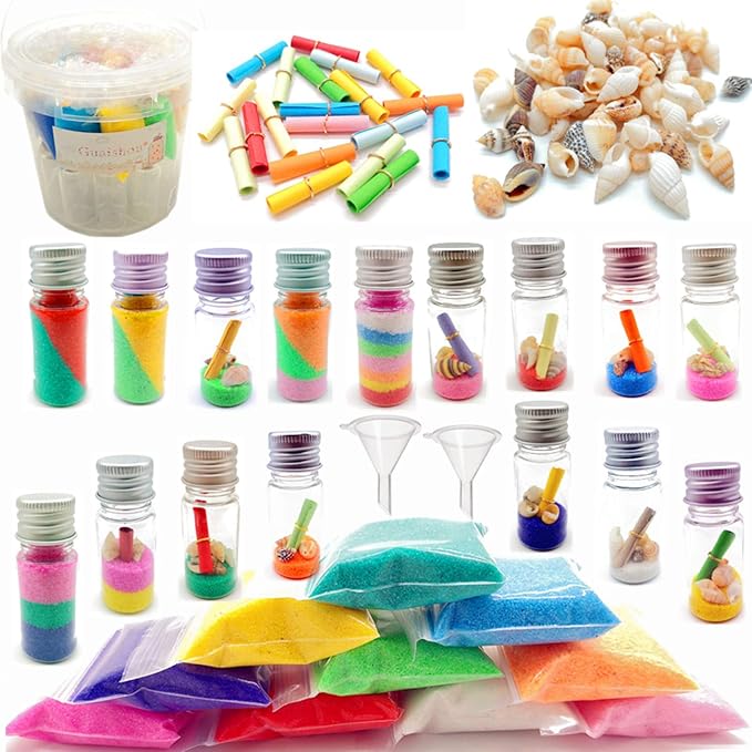 Guaishou DIY Sand Art and Crafts Kit Wishing Bottles Colorful Sands Beach Sea Shells Message Paper