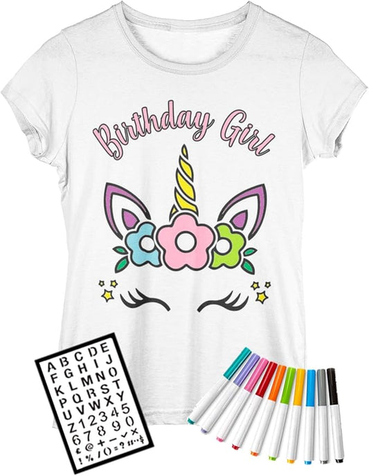 Coloring Shirt for Girls - Kit with 10 Fabric Markers and Alphabet Stencil (Birthday Unicorn, 8/9)