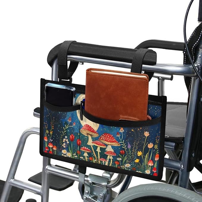 ZOUTAIRONG Moon Mushroom Wheelchair Side Bag Walker Bag Wheelchair Accessories for Adults Waterproof Armrest Organizer Storage Pouches with Reflective Stripes for Electric Wheelchair Walkers Seniors