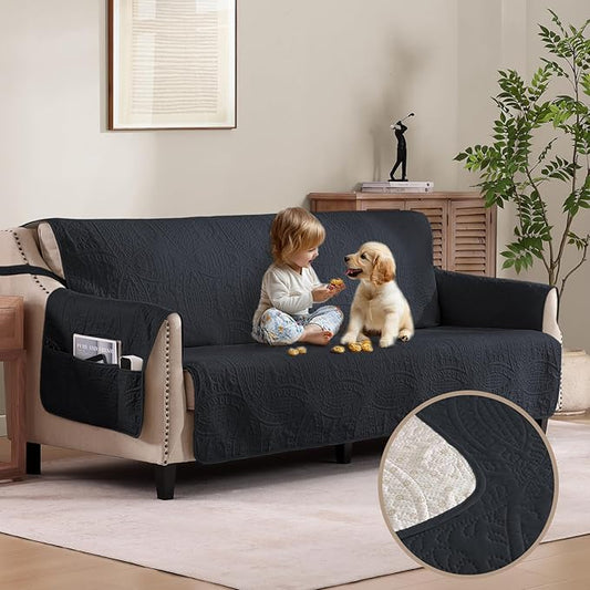 Soft Quilted Couch Cover, Medallion Designed Anti-Slip Blue Gray Sofa Slipcovers for 3 Cushion, Pet Friendly Sofa Cover for Dogs Cats Water-Repellent Washable (Large Sofa 68", Blue Gray)