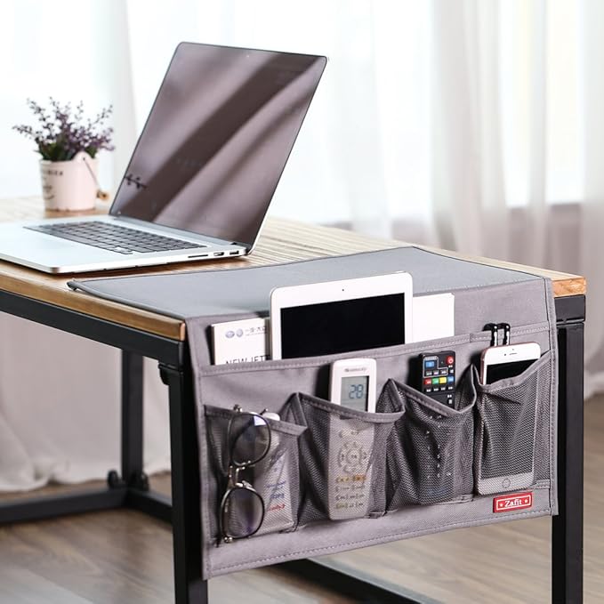Bedside Storage Organizer - 6 Pockets, Table Cabinet Caddy for Remotes, Phone, Glasses (Grey)