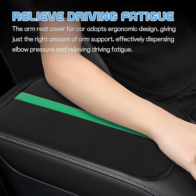 wuyaoyao Car Center Console Cover, 12.6"×7.87" PU Leather Armrest Cover for Cars, Stylish Auto Armrest Cushion Pad, Waterproof Vehicle Arm Rest Protector, Interior Car Accessories (Black+Green)
