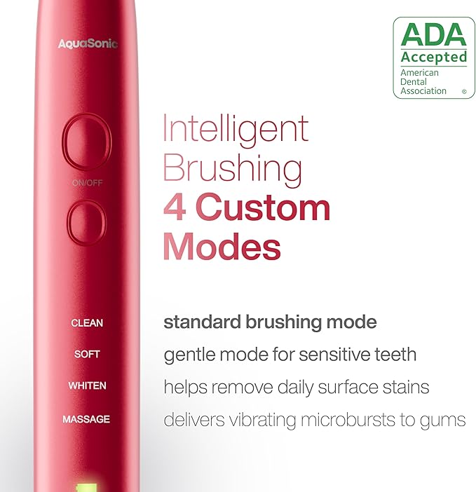 Aquasonic Vibe Series Ultra-Whitening Toothbrush – ADA Accepted Electric Toothbrush - 8 Brush Heads & Travel Case – 40,000 VPM Motor & Wireless Charging - 4 Modes w Smart Timer – Ruby