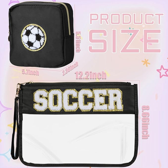BuyCard 2 Pcs Soccer Gifts Makeup Bag with Chenille Letter Patch, Clear Cosmetic Pouch PVC Organizer Purse, Waterproof Travel Bag, Portable Toiletry Storage Bag for Her Girls Friends Women
