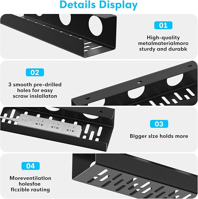 Self-Adhesive Under Desk Cable Management Tray 2 Pcs Steel Under Desk Wires Organizer Power Strip Management No Drill Under Table Organizer for Cable Storage Holder for Office Home Table