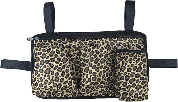 Wheelchair Side Bag with Cup Holder, Wheelchair Armrest Pouch Accessories for Walker, Rollator, Electric Scooter Wheelchairs (Leopard Print, 13.8X8 Inch)