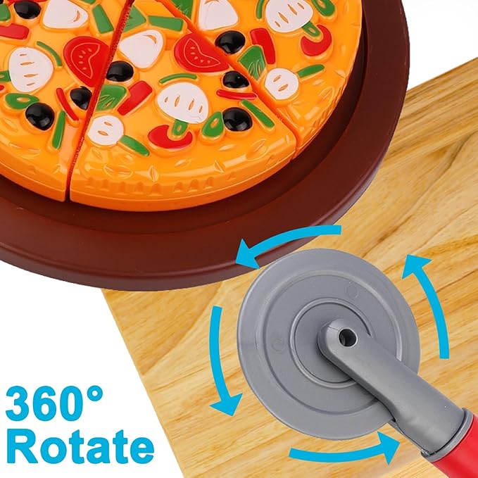 15-Piece Pizza Party Play Set for Kids - Realistic Pizza Pie Pretend Play Food Kit - Slice and Serve Plastic Kitchen Cooking and Cutting Playset