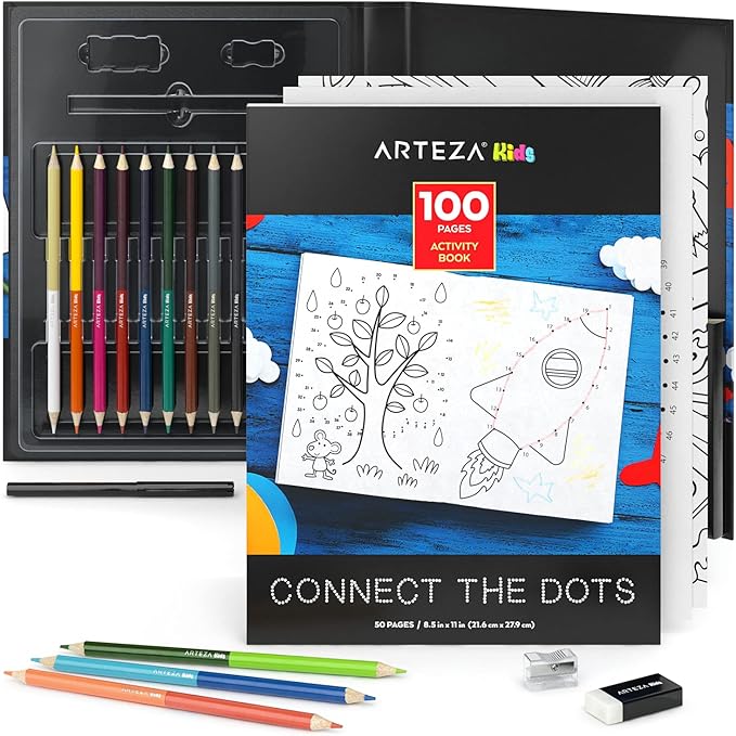 Arteza Kids Activity Book, Dot to Dot Coloring Book, 8.5 x 11 Inches, Back to School Supplies for Ages 6 and Up, 50 Sheets, 12 Double-Ended Colored Pencils, Black Marker, Eraser, Pencil Sharpener