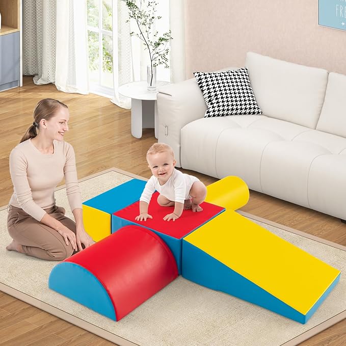 HONEY JOY 5-Piece Climb and Crawl Playset, Soft Climbing Foam Block Activity Play Structure Gym Equipment for Infant Baby, Color Coordination, Waterproof Indoor Climbing Toys for Toddlers (Red)