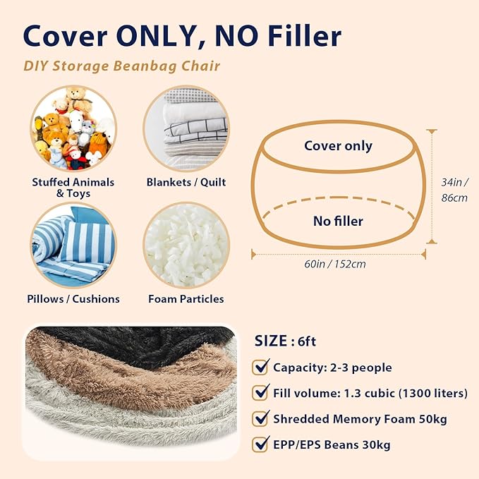 Bean Bag Cover(No Filler), Fluffy Beanbag Chairs Cover Only, Stuffed Animal Storage Bean Bag, Washable Lazy Sofa Beanbag Cover Without Filler, 6FT, Black