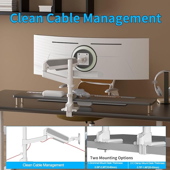 GUZHIKU Monitor Arm for 17 to 60 inch, Hold 44 lbs, Fully Adjustable Heavy Duty Desk Mount, Monitor Stand Fit 57 55 49", Ultrawide Monitors Bracket Clamp/Grommet Base VESA 75x75/100x100 (White)