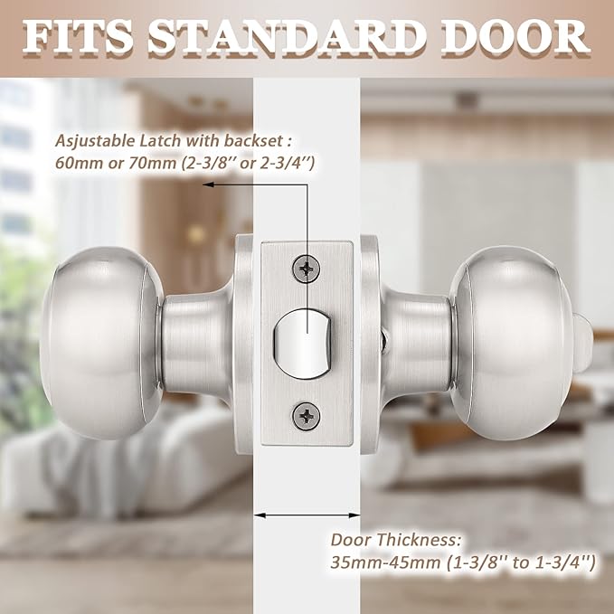 Probrico 1 Pack Satin Nickel Privacy Door Knob Keyless Doorknobs Interior/Exterior Lockset, Privacy Knobs for Bedroom/Bathroom, Modern Design Door Hardware