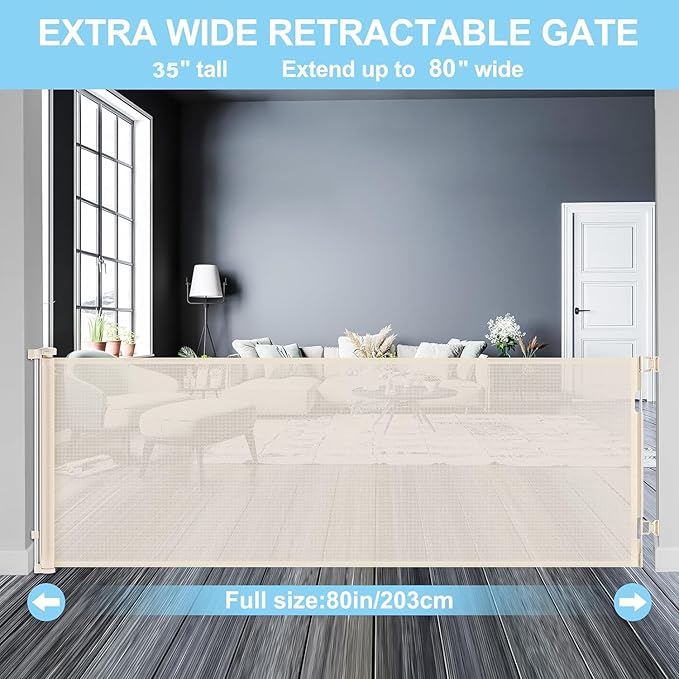 80 Inch Extra Wide Retractable Baby Gate for Large Openings,Retractable Baby Gate Safety Mesh Gate,Extra Long Dog Gates for Indoor/Outdoor,Doorways,Stairs,Hallways (Beige)