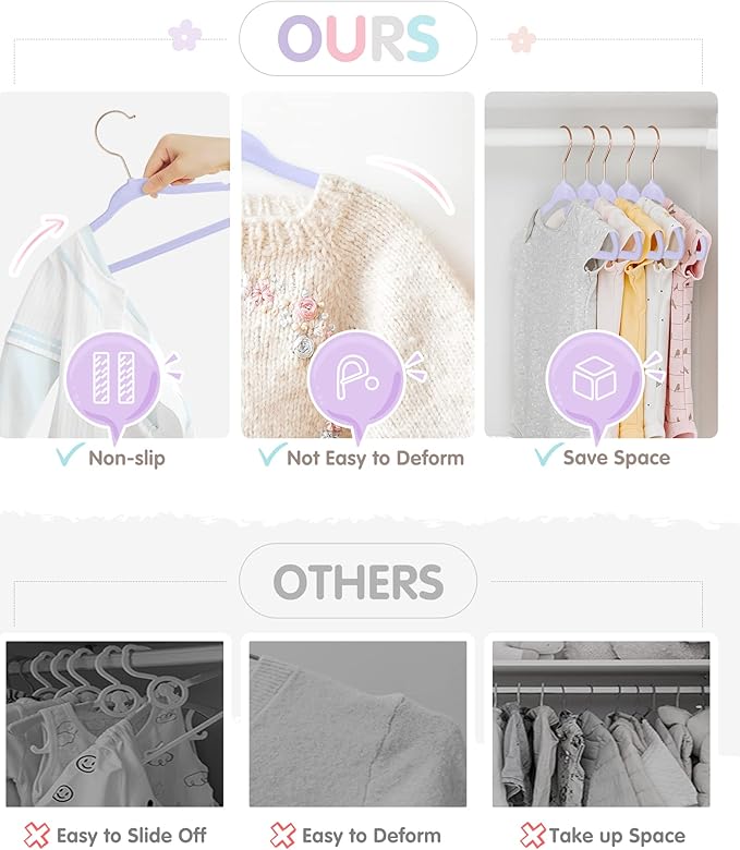 Baby Hangers, VIS'V 11 Inch Lavender Velvet Kids Hangers with 6 Pcs Size Dividers Non Slip Nursery Children Closet Clothes Hangers for Infant Toddler Girls and Boys 30 Pcs