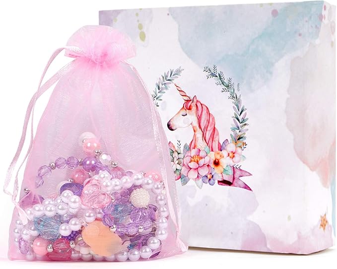 G.C 3 Sets Girl Princess Necklace Bracelet with Colorful Unicorn Mermaid Rainbow Pendant Kids Stretchy Chunky Costume Jewelry Gift Party Favors Dress up Jewelry for Little Girl Toddler(with Gift Box) (A)