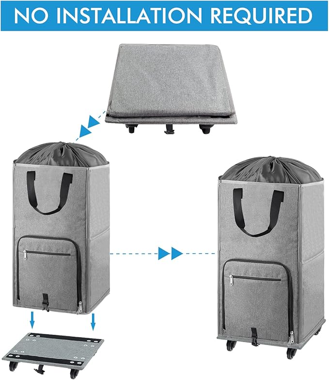 Laundry Hamper with Wheels, Bukere Large Rolling Laundry Basket with 4 Casters and 2 Handles, Collapsible Freestanding Wheeled Laundry Bag for Clothes, Laundry Room, Bathroom