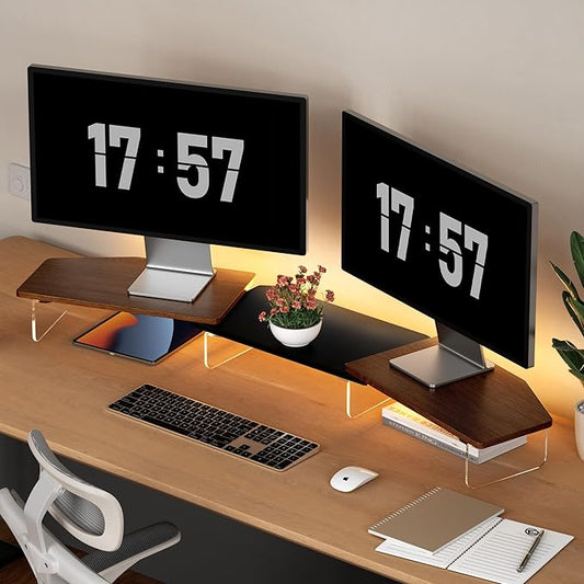 AFOOYO LED Dual Monitor Stand Riser for 2 Monitors,Office Desktop Wooden Stand Adjustable Length and Angle 3 Shelf,Extra Long Multifunctional Stand up to 44.4" for Computer,Laptop,TV,Walnut Finish
