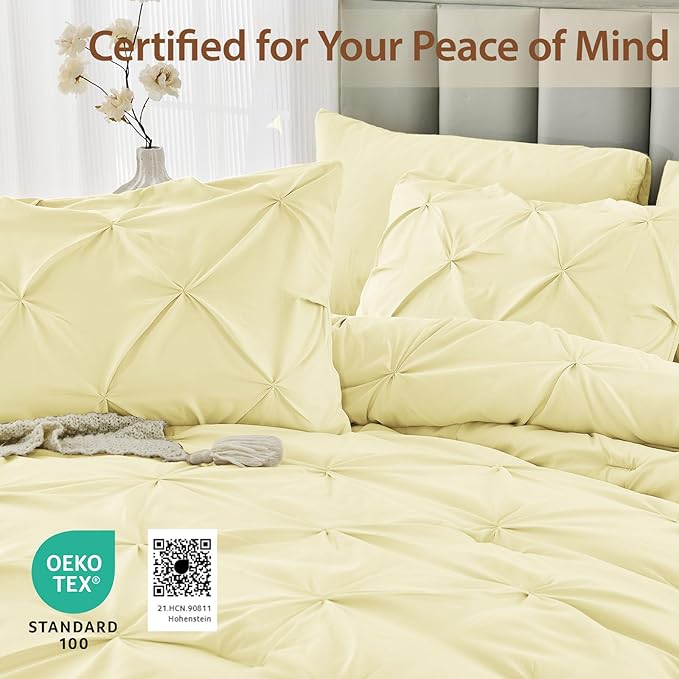 Sasttie King Size Comforter Set, 7-Piece Bed in a Bag, Pintuck Bedding Set for All Season, Includes Comforter, Flat Sheet, Fitted Sheet, Pillowcases and Pillowshams, Cream Yellow