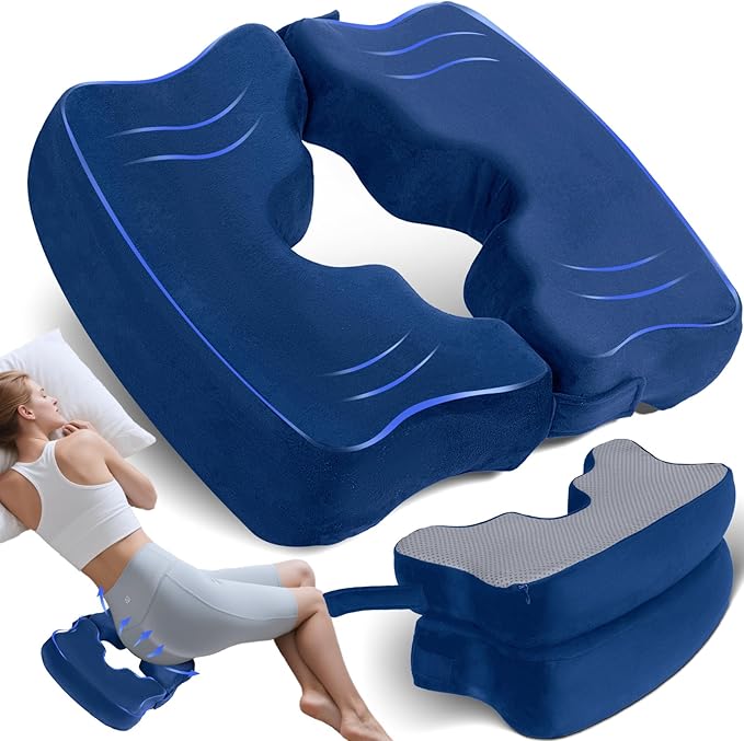 SAHEYER Bed Sore Cushions for Butt, Memory Foam Hemorrhoid Pressure Relief Pillow with Center Hole and Tailbone Cutout, for Long Sitting Coccyx, Sciatica, Postpartum, Pregnancy, After Surgery, Blue