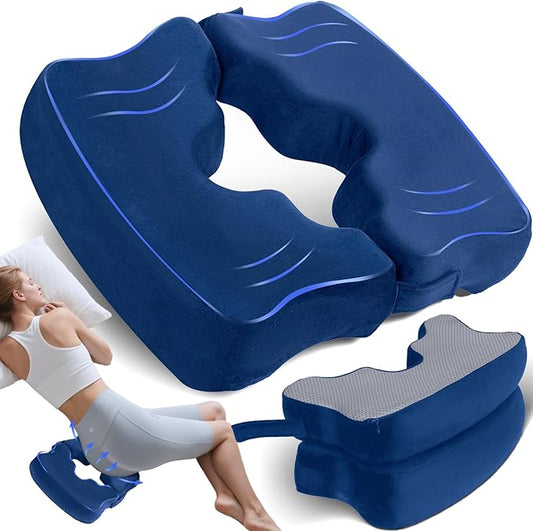 SAHEYER Bed Sore Cushions for Butt, Memory Foam Hemorrhoid Pressure Relief Pillow with Center Hole and Tailbone Cutout, for Long Sitting Coccyx, Sciatica, Postpartum, Pregnancy, After Surgery, Blue