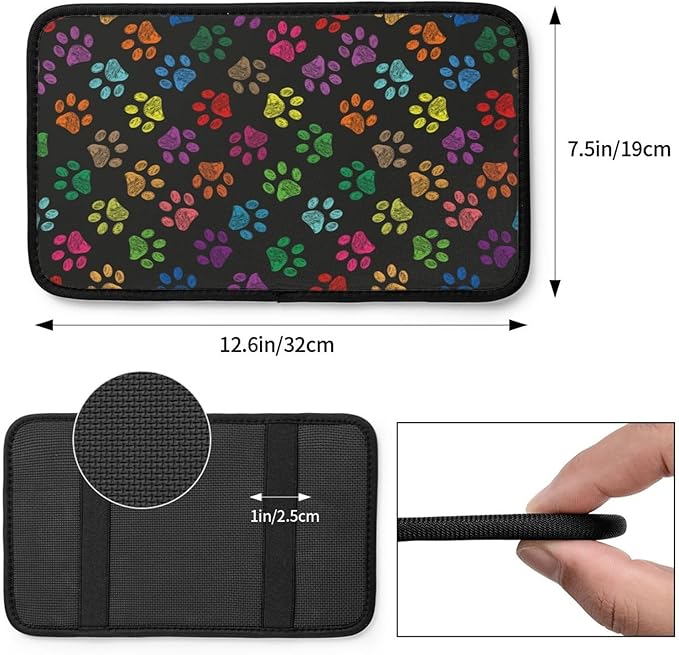 DORKEIXIA Dog Paw Prints Rainbow Colorful Foot Prints Auto Center Console Armrest Pad Universal Car Center Console Cover Seat Box Cover for Sedan, Van, SUV, Truck Car Accessorie