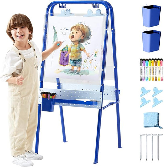 FUNLIO Foldable Outdoor Easel for Kids Aged 3+, Waterproof & Sunproof Kids Easel with 2 Acrylic Boards, Double-Sided Kids Easel with 21 pcs Accessories, Portable & Stable - Blue