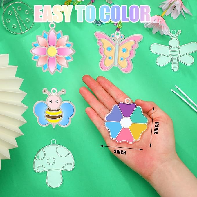 Leitee 24 Sets Spring Suncatchers Ornaments Decorations DIY Window Paint Art Suncatchers Kits Butterfly Flower Craft Hanging Snowflake Sun Catchers for Spring Summer Home Classroom Activities