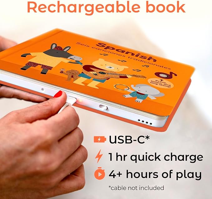 Cali's Books Spanish USB C Rechargeable Musical Book | Spanish Baby Books with 6 Songs | Libros en español para Niños y Bebes | Learn Spanish for Kids | Bilingual Musical Books for Toddlers 1-3