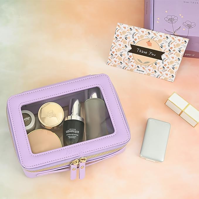 Aveniee Clear Makeup Bag Organizer, Travel Toiletry Bag Cosmetic Case for Women, Portable Make Up Skincare Pouch Car Organizer Bag with Zippers for Essentials,Lilac