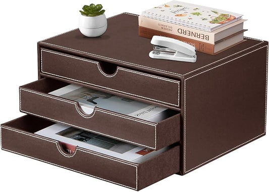 PU Leather Desktop Organizer with Drawers,3 Drawer Office Desk Organizer,Desktop Storage for Office Supplies/A4 Paper/Magazine/Book,for Office School Home.Brown