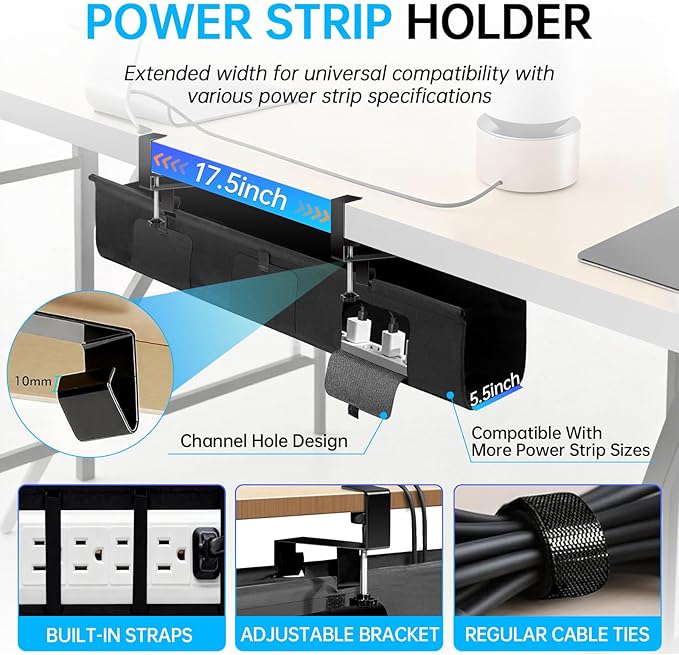 Inefticism Under Desk Cable Management Tray, 36-inch No-Drill Standing Desk Cable Organizer, Fabric Tray for Power Strips, Adapters & Cables - Black