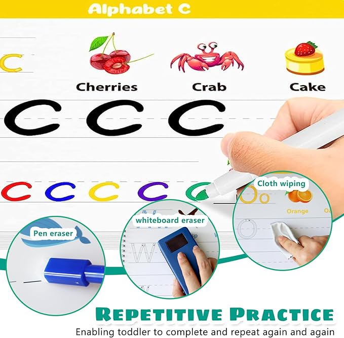 Handwriting Practice Book for Kids, Preschool Learning Activity Busy Book for Toddler 3 4 5 Year Olds, 40 Pages Autism Educational Montessori Toys, Tracking Letters Learn Number Shapes Animal Workbook