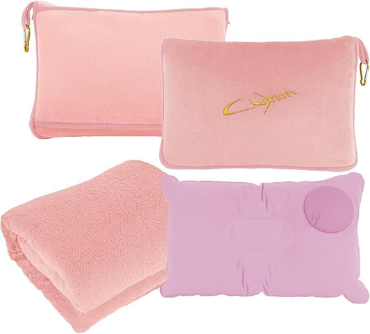 CLEXION Travel Blanket & Pillow Set, 300 GSM Soft Fleece, 60x43 Inches, 3-in-1 Airplane Blanket, Travel Pillow and Blanket Set, Travel Blanket Airplane Compact with Bag, Travel Essentials, Pink
