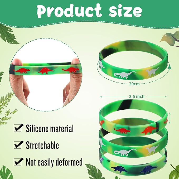 30 Pack Dinosaurs Silicone Wristbands Dinosaurs Wristband Bracelets Dinosaur Party Favors Bracelet Gifts Bag Stuffer for Jungle Dinosaur Themed Birthday Party Supplies (Green)