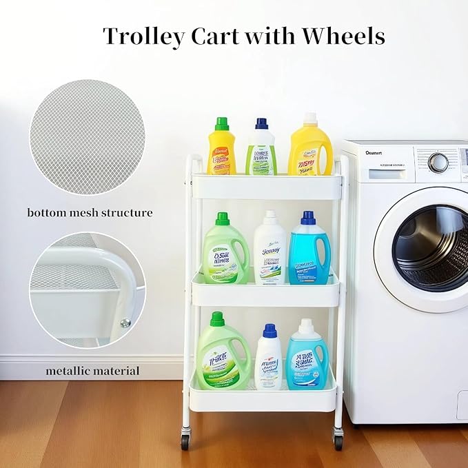 LIWNYRK Metal 3 Tier Rolling Cart with Wheels for Kitchen Storage & Laundry Room Organization, Bedside Cart with Handle and 4 Hooks, Versatile Large Capacity Art & Craft Storage Organizer, White