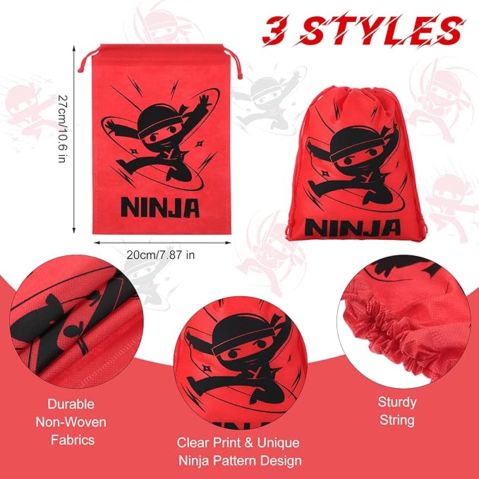 Cindeer 9 Set Ninja Party Favors, Includes Ninja Theme Drawstring Bags, Stretchy Flying Ninjas and Stars Slingshots Stretch Toys, Slap Bracelets for Karate Ninja Birthday Party Favor Supplies