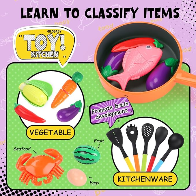 GILOBABY Play Kitchen Accessories, Play Food Sets for Kids Kitchen Playset with Pots and Pans Set, Cooking Utensils, Preschool Learning Education Toys for Toddlers, Birthday Gifts for Girls (Red)