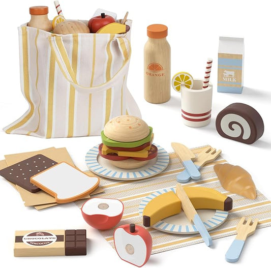 Lehoo Castle Play Food Sets for Kids Kitchen, Wooden Toys Food for Toddlers 1-3, Pretend Picnic Play Set, Cutting Food Toys, Gift for Girls Boys 3 4 5 6