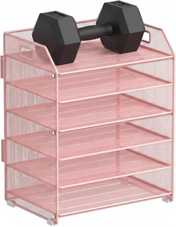 6 Tier Desk Organizer, Heavy-Duty Thick Metal Letter Tray Organizer, Large Capacity Desktop File Organizer for Heavy Files, Easy to Assemble for Home, Office & Classroom,Black,Pink