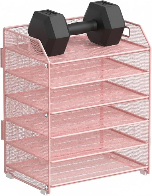 6 Tier Desk Organizer, Heavy-Duty Thick Metal Letter Tray Organizer, Large Capacity Desktop File Organizer for Heavy Files, Easy to Assemble for Home, Office & Classroom,Black,Pink
