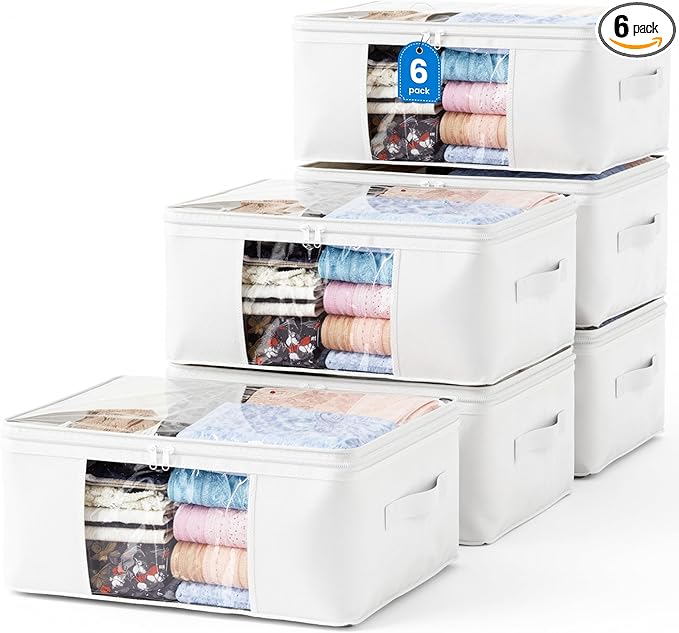 Clothes Storage Bags, Foldable Thick Fabric Blanket Storage Bags, Large Clear Window & Carry Handles, Great for Clothes, Blankets, Closets, Pillows, Toys (White, 6PACK)