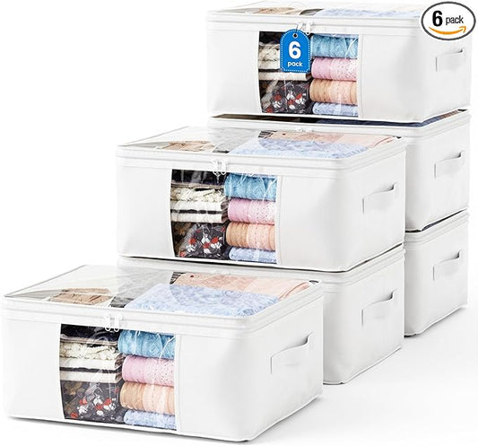 Clothes Storage Bags, Foldable Thick Fabric Blanket Storage Bags, Large Clear Window & Carry Handles, Great for Clothes, Blankets, Closets, Pillows, Toys (White, 6PACK)
