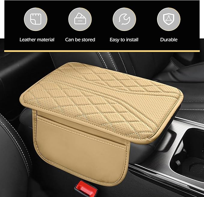 Bawkars Car Center Console Cover, Leather Vehicle Armrest Protector Cushion with 2 Side Storage Bags, Auto Breathable Middle Interior Accessories, Universal for SUV, Sedan, Truck (Beige)